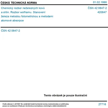 ČSN 42 0647-2 - Chemický rozbor neželezných kovů a slitin. Rozbor wolframu. Stanovení železa metodou fotometrickou a metodami atomové absorpce - Tisk