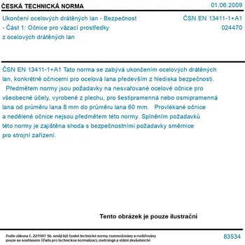 ČSN EN 13411-1+A1 - Ukončení ocelových drátěných lan - Bezpečnost - Část 1: Očnice pro vázací prostředky z ocelových drátěných lan - Tisk