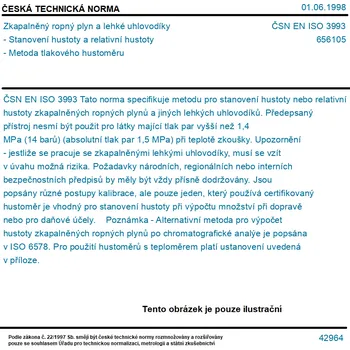 ČSN EN ISO 3993 - Zkapalněný ropný plyn a lehké uhlovodíky - Stanovení hustoty a relativní hustoty - Metoda tlakového hustoměru - Tisk