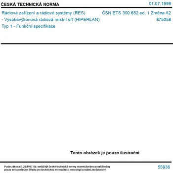 ČSN ETS 300 652 ed. 1 Změna A2 - Rádiová zařízení a rádiové systémy (RES) - Vysokovýkonová rádiová místní síť (HIPERLAN) Typ 1 - Funkční specifikace - Tisk