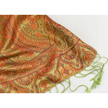 Šála Hedvábná šála Jamawar malá - limetkově zelená a oranžová s ornamenty