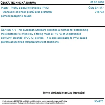 ČSN EN 477 - Plasty - Profily z polyvinylchloridu (PVC) - Stanovení odolnosti profilů proti proražení pomocí padajícího závaží - Tisk