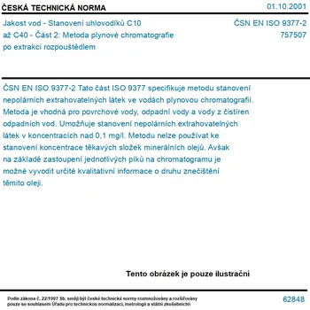 ČSN EN ISO 9377-2 - Jakost vod - Stanovení uhlovodíků C10 až C40 - Část 2: Metoda plynové chromatografie po extrakci rozpouštědlem - Tisk