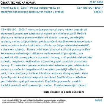 ČSN EN ISO 16000-7 - Vnitřní ovzduší - Část 7: Postup odběru vzorku při stanovení koncentrace azbestových vláken v ovzduší - Tisk