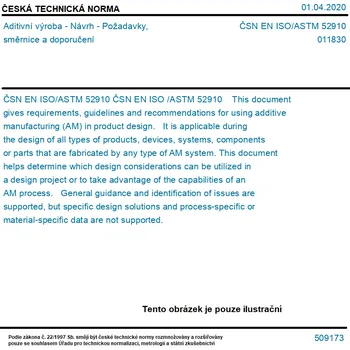 ČSN EN ISO/ASTM 52910 - Aditivní výroba - Návrh - Požadavky, směrnice a doporučení - Tisk