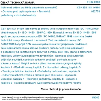 ČSN EN ISO 14460 - Ochranné oděvy pro řidiče závodních automobilů - Ochrana proti teplu a plameni - Technické požadavky a zkušební metody - Tisk