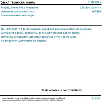 ČSN EN 1081+A1 - Pružné, laminátové a modulární vícevrstvé podlahové krytiny - Stanovení elektrického odporu - Tisk