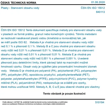 ČSN EN ISO 15512 - Plasty - Stanovení obsahu vody - Tisk