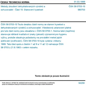 ČSN 58 0703-10 - Metody zkoušení dehydratovaných výrobků a ochucovadel - Část 10: Stanovení kyselosti - Tisk