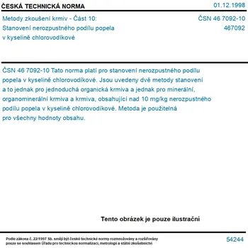 ČSN 46 7092-10 - Metody zkoušení krmiv - Část 10: Stanovení nerozpustného podílu popela v kyselině chlorovodíkové - Tisk