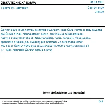 ČSN 04 6509 - Tlakové lití. Názvosloví - Tisk