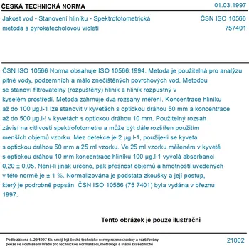 ČSN ISO 10566 - Jakost vod - Stanovení hliníku - Spektrofotometrická metoda s pyrokatecholovou violetí - Tisk