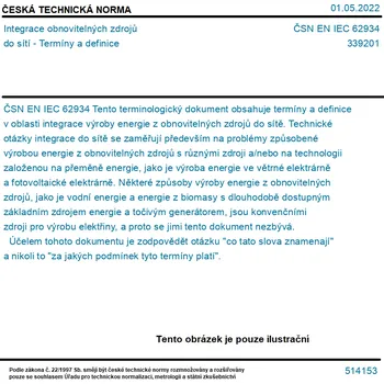 ČSN EN IEC 62934 - Integrace obnovitelných zdrojů do sítí - Termíny a definice - Tisk
