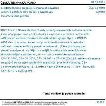 ČSN 33 4010 - Elektrotechnické předpisy. Ochrana sdělovacích vedení a zařízení proti přepětí a nadproudu atmosférického původu - Tisk
