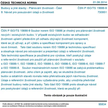 ČSN P ISO/TS 15686-9 - Budovy a jiné stavby - Plánování životnosti - Část 9: Návod pro posuzování údajů o životnosti - Tisk