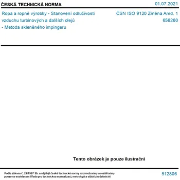 ČSN ISO 9120 Změna Amd. 1 - Ropa a ropné výrobky - Stanovení odlučivosti vzduchu turbinových a dalších olejů - Metoda skleněného impingeru - Tisk