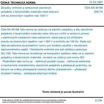 ČSN EN 60168 - Zkoušky vnitřních a venkovních staničních podpěrek z keramického materiálu nebo skla pro sítě se jmenovitým napětím nad 1000 V - Tisk