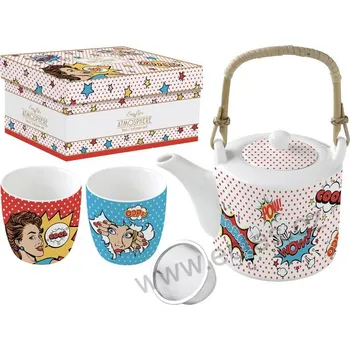 Konvice na čaj Easy Life POP ART porcelánový čajový set: konvice a kelímky komiksové hlášky a obličeje slečen *ATMOSPHERE* 600ml + 2x160ml