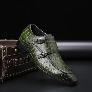 Pánské polobotky Kožené polobotky crocodile pánské business obuv s pásky Barva: Zelená, Velikost: 46