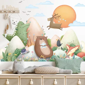 Samolepící dekorace Samolepka na zeď "Krajina se zvířátky" 98x53cm