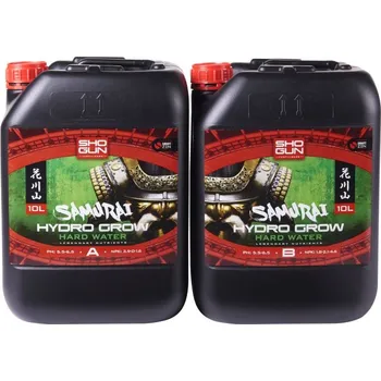 Hnojivo Shogun Samurai Hydro Grow A+B 10L tvrdá voda (SHOGUN Samurai Hydro je kompletní dvousložková hydroponická výživa, která konkuruje všem ostatním. Obsahuje rafinované, přesně formulované složky, které zajišťují úžasný vegetativní a kvetoucí vývoj rostlin. P