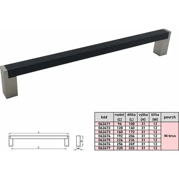 Nábytkové kování JULIE úchytka 12/192(205) ČERNÁ/ Ni-broušená (Madlo rukojeť úchytka kování na zásuvky pro šuplík )