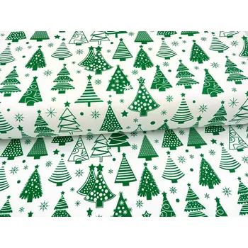 Mirtex Plátno DOMESTINO 120/ 22042-3 Vánoční stromky zelené na bílé šíře 160cm Zbytková metráž