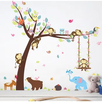 samolepka Živá Zeď Samolepka na zeď Strom s houpačkou a zvířátky