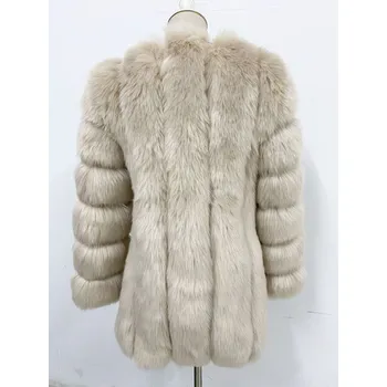 Dámská parka Dlhý kožuch s okrúhlym výstrihom bunda kožušinová Barva: Khaki, Velikost: S