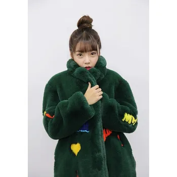 Dámský kabát Dlouhý plyšový kožich teddy kabátek s nášivkami Barva: Zelená, Velikost: L