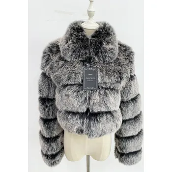 Dámská parka Chlupatý kožich crop bunda zimní se stojáčkem Barva: Černo-Bílá, Velikost: M