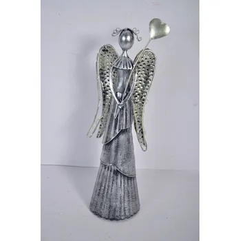 Plechový anděl Wave stříbrný-champagne se srdíčkem, balení 2 ks, 31cm, LED křídla