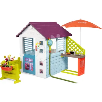 Hra na zahradu Domeček Frozen Disney Playhouse Smoby s kuchyňkou pod slunečníkem a zahrádka se sprchou