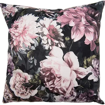 Černý sametový povlak na polštář s výraznými růžovými květy - 45*45 cm