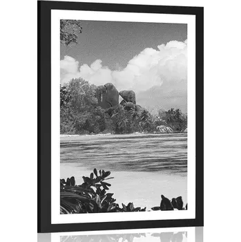 Plakát Dovido Plakát s paspartou nádherná pláž na ostrově La Digue v černobílém provedení