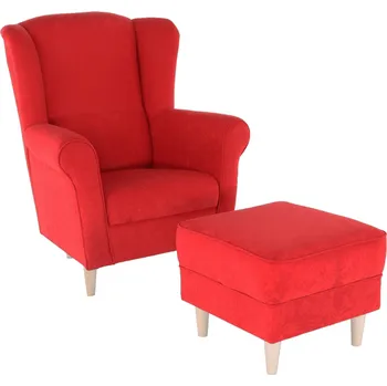 Obývací stěna Křeslo ušák, s taburetem, látka červená, ASTRID