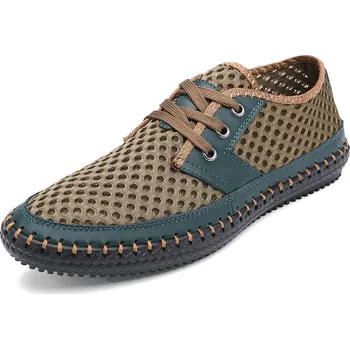 Pánské mokasíny Síťované loafers nazouvací a šněrovací letní boty Velikost: 38, Barva (Varianta): Zelené šněrování