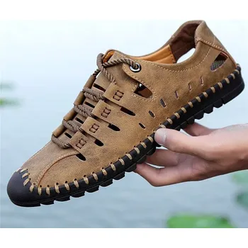 Pánské mokasíny Letní kožené pánské boty na turistiku a hory Barva: Khaki, Velikost: 47