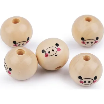 Dětské navlékací korálky Dřevěné korálky s obličejem prasátka Ø20 mm, barva přírodní sv.
