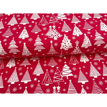 Mirtex Plátno DOMESTINO 120/ 22041-1 Vánoční stromky bílé na červené šíře 160cm Zbytková metráž