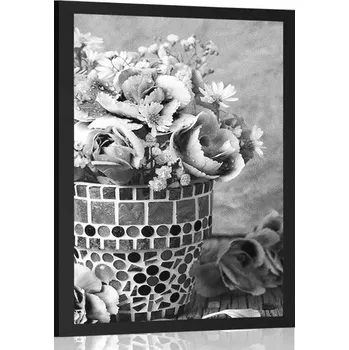 Plakát Dovido Plakát květiny karafiátu v mozaikovém květináči v černobílém provedení