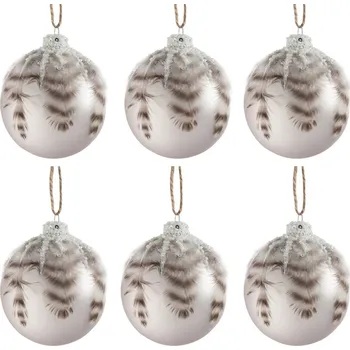 Vánoční ozdoba 6ks vánoční šedá antk skleněná ozdoba s peříčky S - Ø 8 cm
