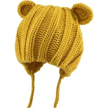 Čepice Kojenecká jednoduchá pletená čepice s ušima Barva: Žlutá