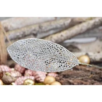 Vánoční dekorace Umělý list s glitry 14x6 cm, stříbrný, s/36 ks (121071 057 243863 listy gliter stříbro 6x14cm)