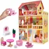 Domeček pro panenku Dřevěný domeček pro panenky s růžovým nábytkem a LED osvětlením 90 cm