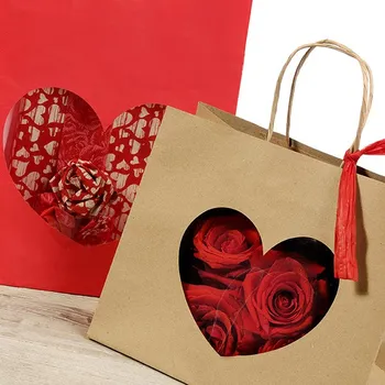 Dárková taška kraftová s průhledem srdíčko - 24 x 19 x 14 cm