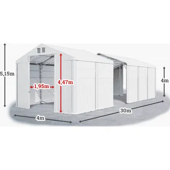 Zahradní stan Skladový stan 4x30x4m střecha PVC 620g/m2 boky PVC 620g/m2 konstrukce POLÁRNÍ PLUS Bílá Bílá Bílá
