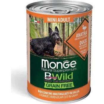 Krmivo pro psa Konzerva MONGE Dog BWild Adult Mini Grain Free kachní kousky v omáčce s dýní a cuketou 400g