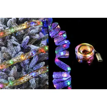 Vánoční dekorace Euro Habitat Vánoční stuha s LED světýlky 1000cm 100LED - Zlatá stuha/barevná