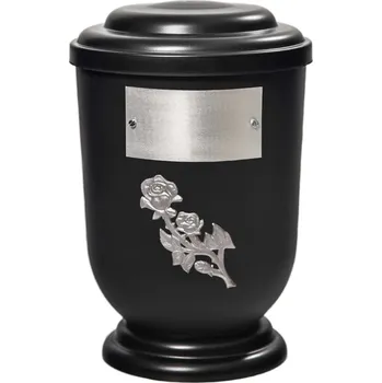 Smuteční dekorace Pohřební Plastová urna na popel, oválné oblé víčko, černá, štítek č. 52, 100 x 50, stříbrná růže